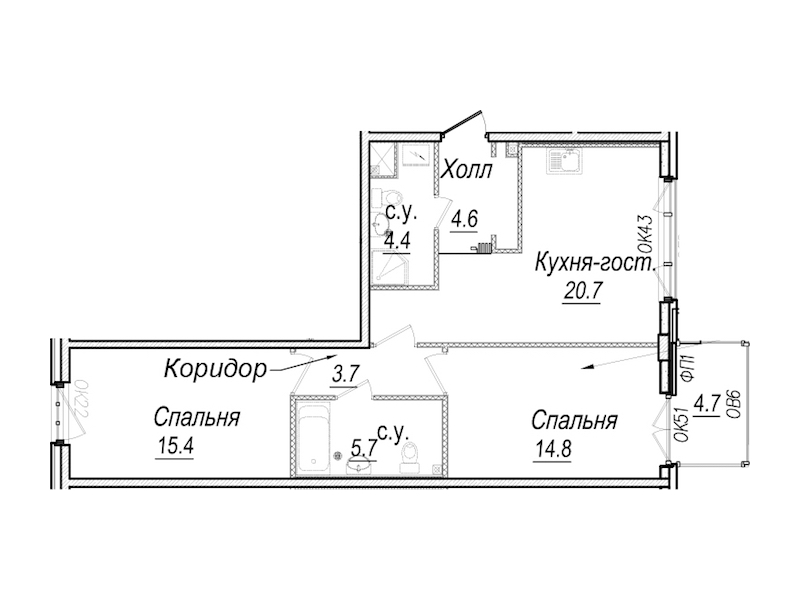 2-комнатная квартира 70.7 м², 4/8 эт., Комплекс апартаментов «Meltzer Hall»